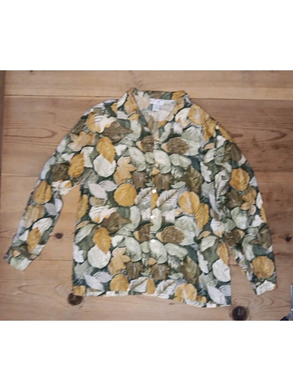VTG Stunt Womens M Blouse 100% Silk Loop Button Up Leaf Print Fall Artsy Gold